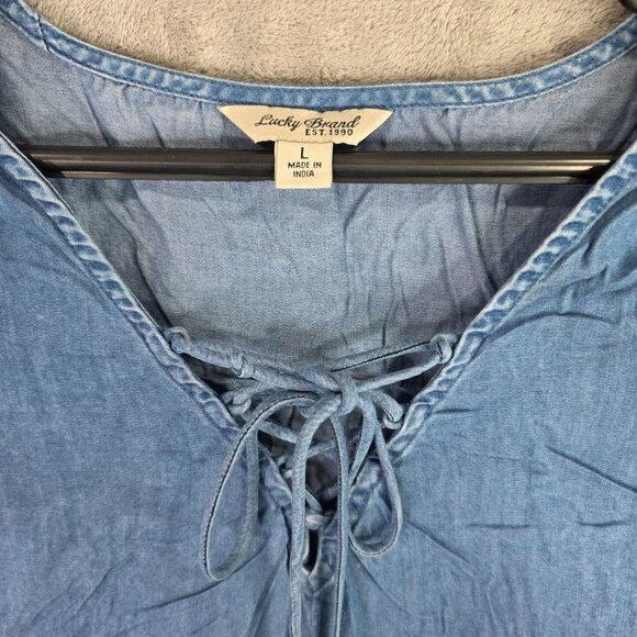 Womens Lucky Brand Blue Lyocell Tunic Dress Short Sleeve Lace Up Neckline Size L - Picture 2 of 6
